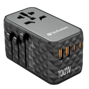 Adapter podróżny Verbatim UTA-06 GaN III globalny 2xUSB-C PD QC 4+ 100W, 2xUSB-A QC 3.0 18W