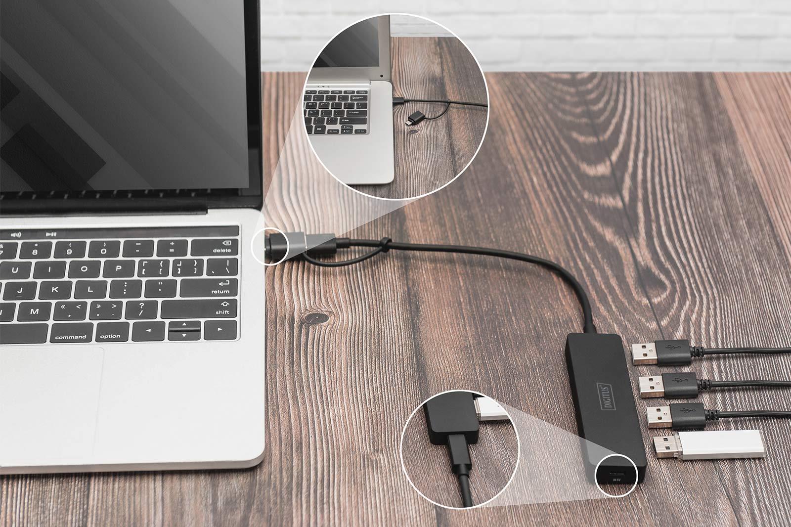 Hub USB 3.0/Koncentrator DIGITUS 4-portowy SlimLine USB A + adapter USB-C 0,2m 5Gbps złącze zasilania USB-C