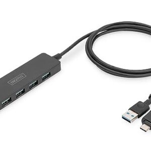 Hub USB 3.0/Koncentrator DIGITUS 4-portowy SlimLine USB A + adapter USB-C 1,2m 5Gbps złącze zasilania USB-C