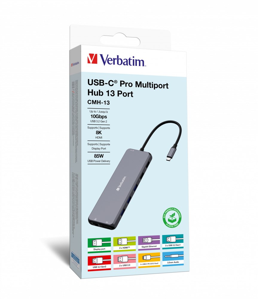 Hub USB Verbatim Multi Port CMH-13: 2x USB-C PD, 1xUSB-A 3.1, 3xUSB-A 3.0, 2xUSB-A 2.0, 2xHDMI, DisplayPort, RJ-45, audio