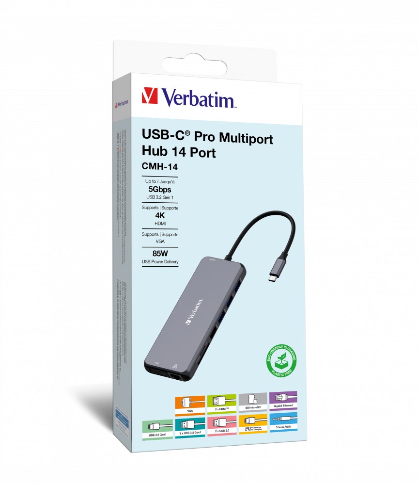 Hub USB Verbatim Multi Port CMH-14: 1x USB-C PD, 3xUSB-A 3.0, 1xUSB-C 3.0, 2xUSB-A 2.0, 2xHDMI, VGA, RJ-45, SD/microSD, audio