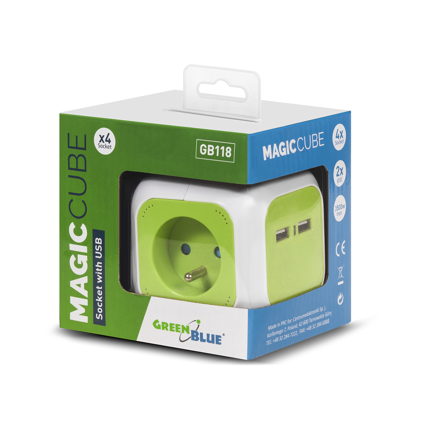 Listwa zasilająca przedłużacz GreenBlue GB118 MagicCube poczwórne gniazdo prądowe, 2 wejścia USB 1,4m