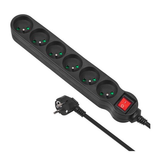 Listwa zasilająca przedłużacz Maclean MCE225 6 gniazd z wyłącznikiem zabezpieczenie przepięciowe czarna 1,5m 2300W