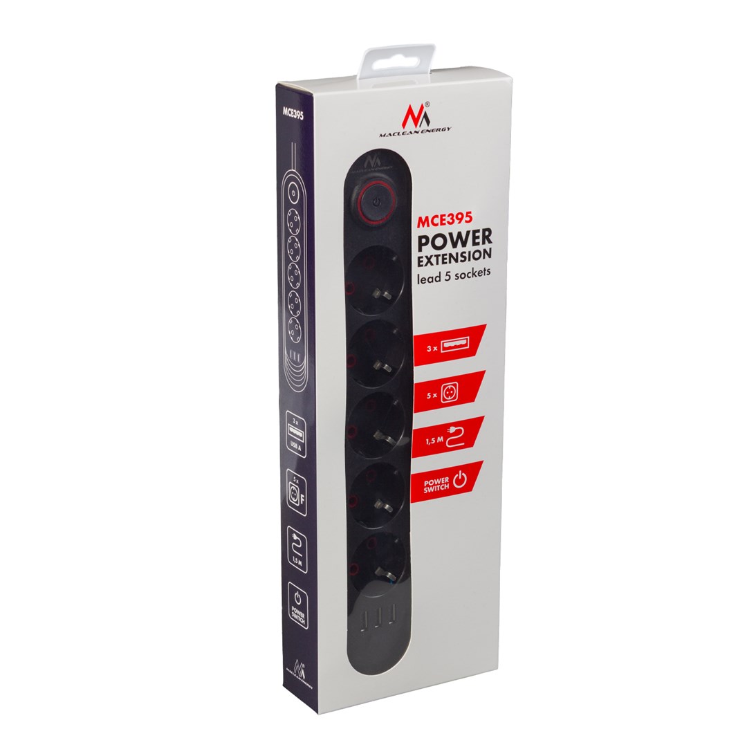 MACLEAN LISTWA ZASILAJĄCA, PRZEDŁUŻACZ5 GNIAZD + 3XUSB, 110-240V AC 50/60HZ, 2.1A MAX 2500W, 1,5M, CZARNA MCE395 B
